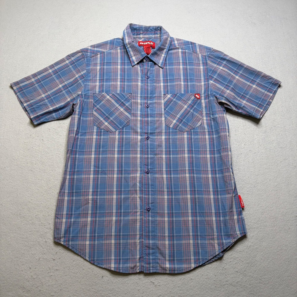 Split Button Down Shirt Mens M Blue Vintage Y2K Plaid Short Sleeve Skater Skate